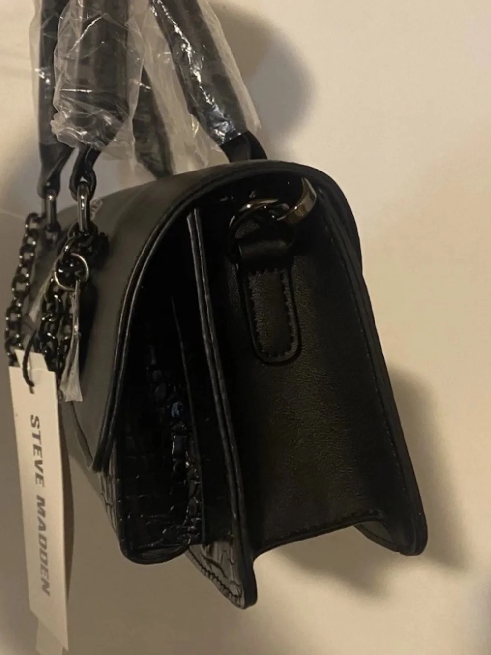 Steve Madden Crocodile Top Handle Black Handbag With Chain Brand New NWT